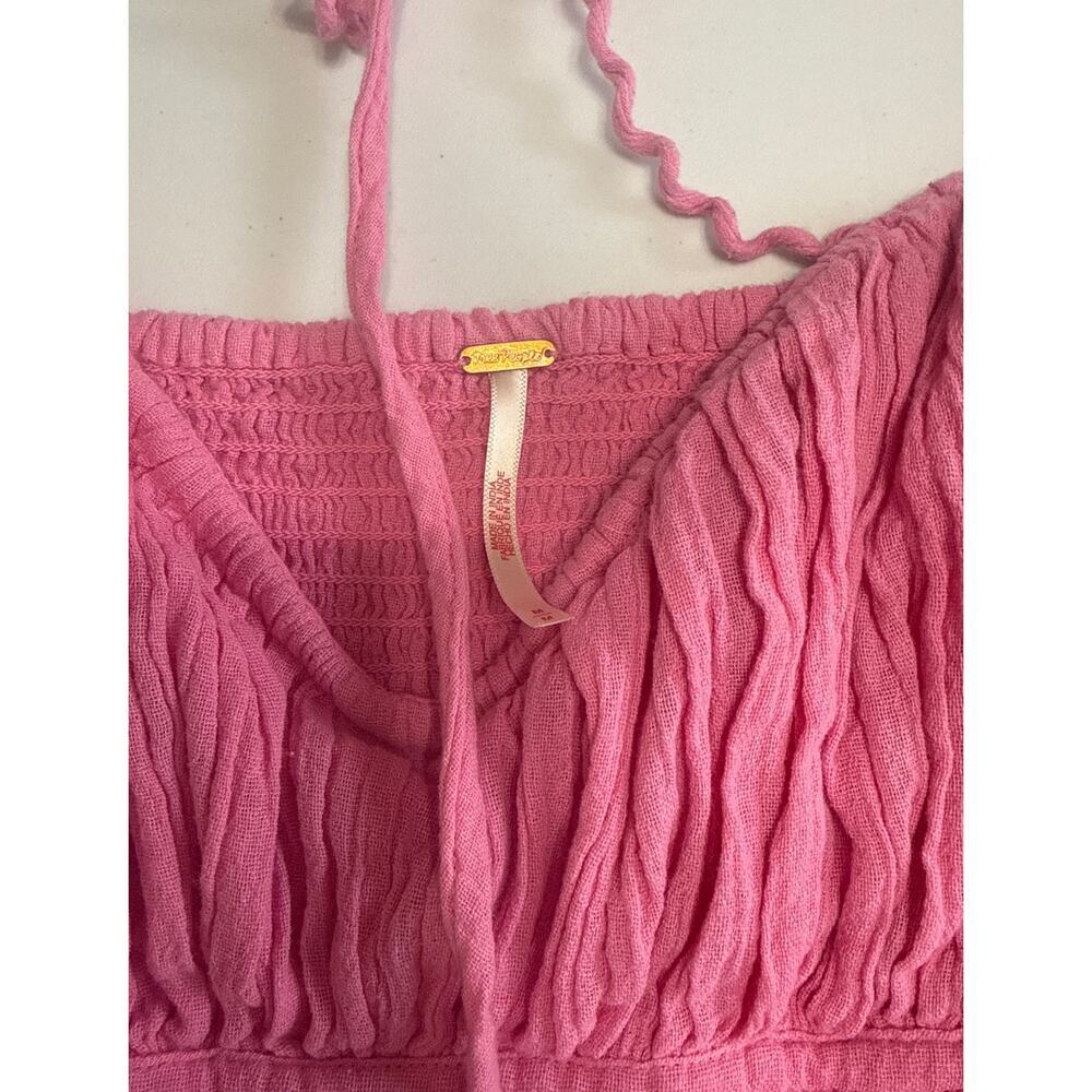 Free People Chole Cropped Top Blouse Ruffle Puffed Sleeves Smocked Pink Medium - Picture 7 of 10